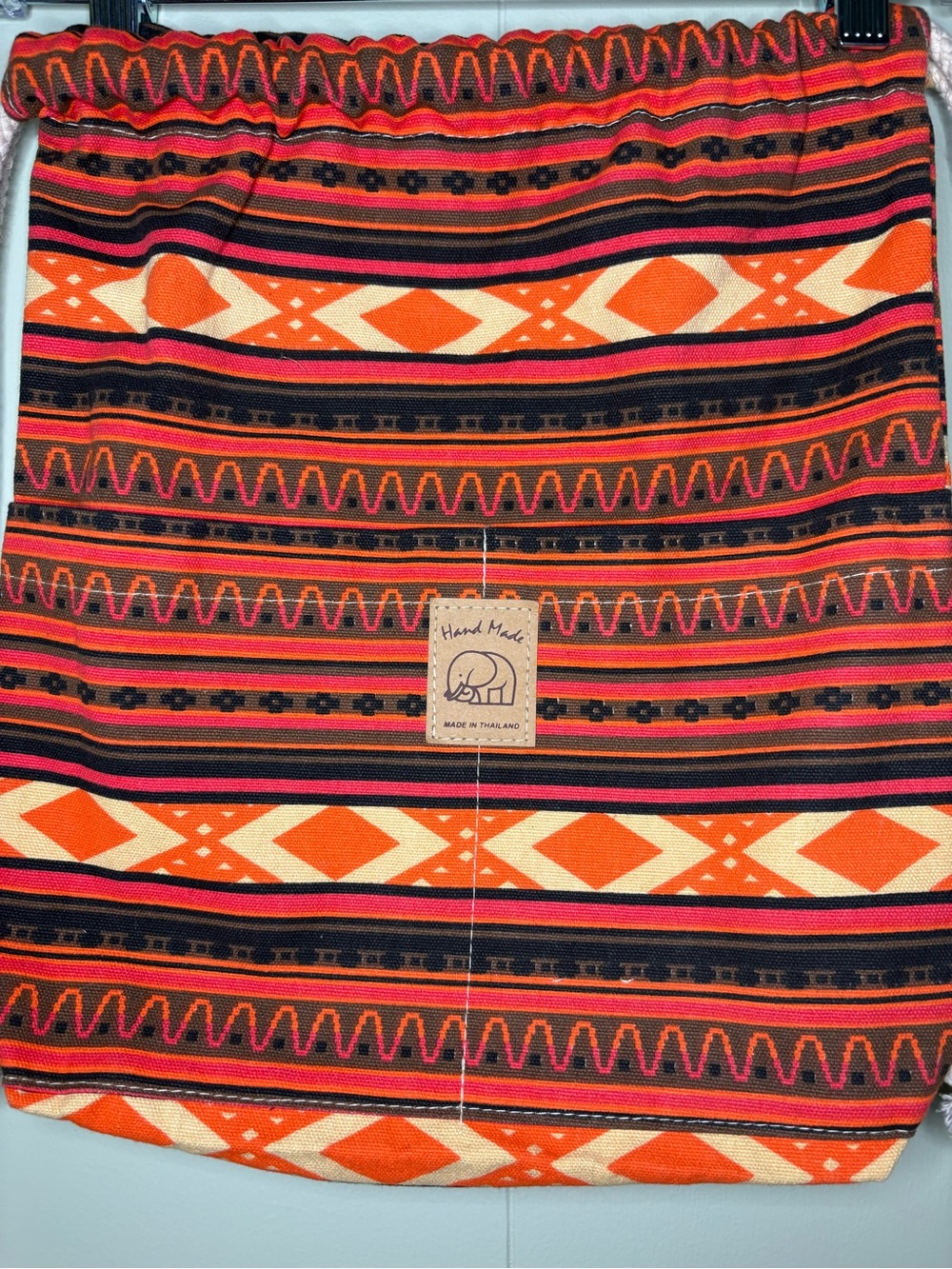 Handmade Patterned Drawstring Backpack in Orange and Red - Picture 2 of 4